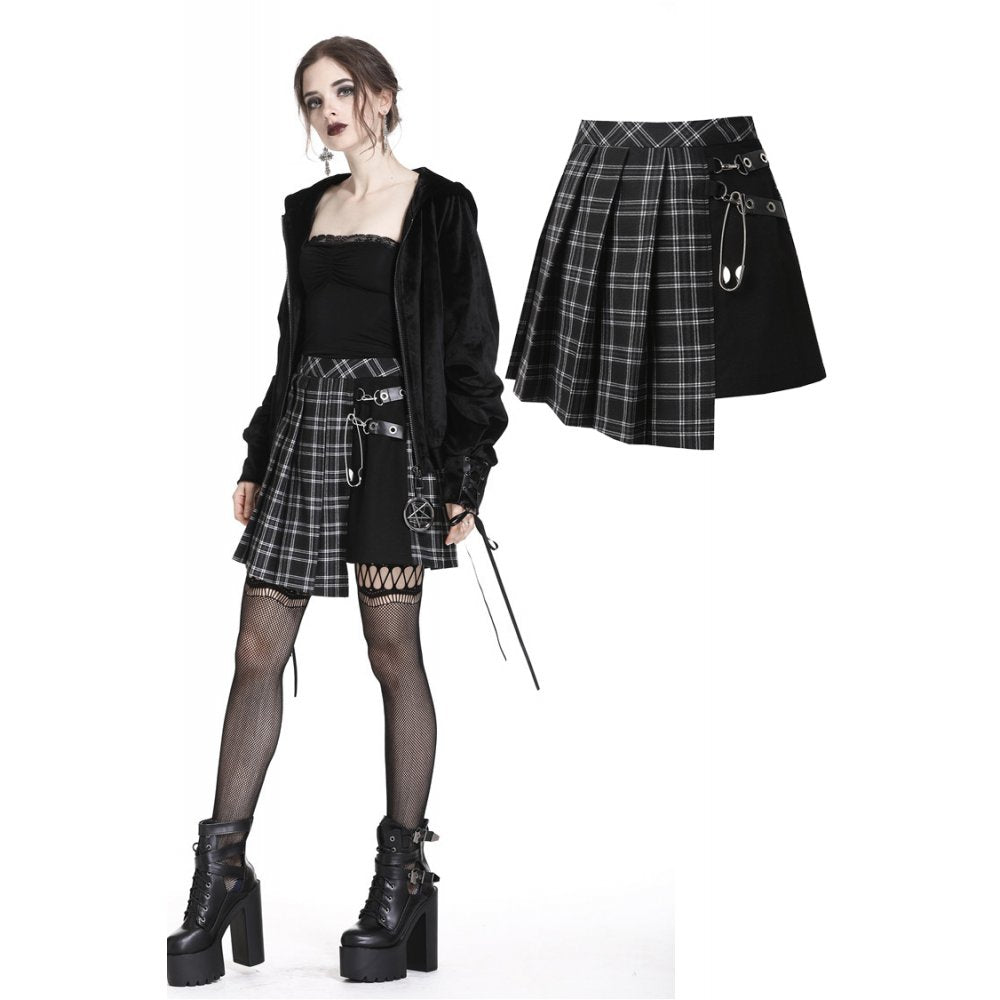 Punk pleated grid irregular hem skirt
