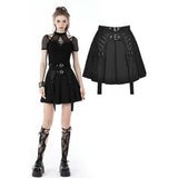 Black punk rock double buckle pleated skirt
