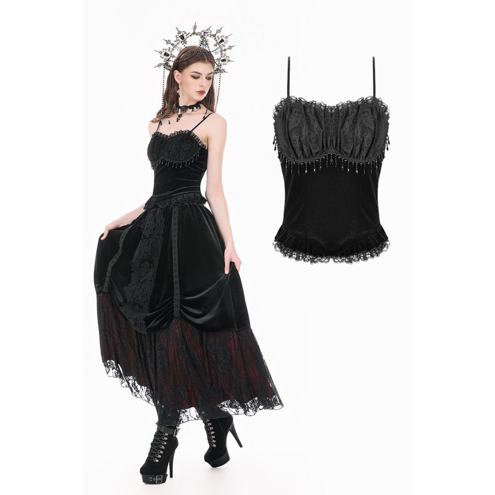Gothic Retro Dark Cool Lace Mesh Patchwork Velvet Cami Top with Beaded Tassel Drops