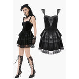 Gothic Midnight Velvet Dress with Lace Petal Sleeves and Layered Ruffle Skirt
