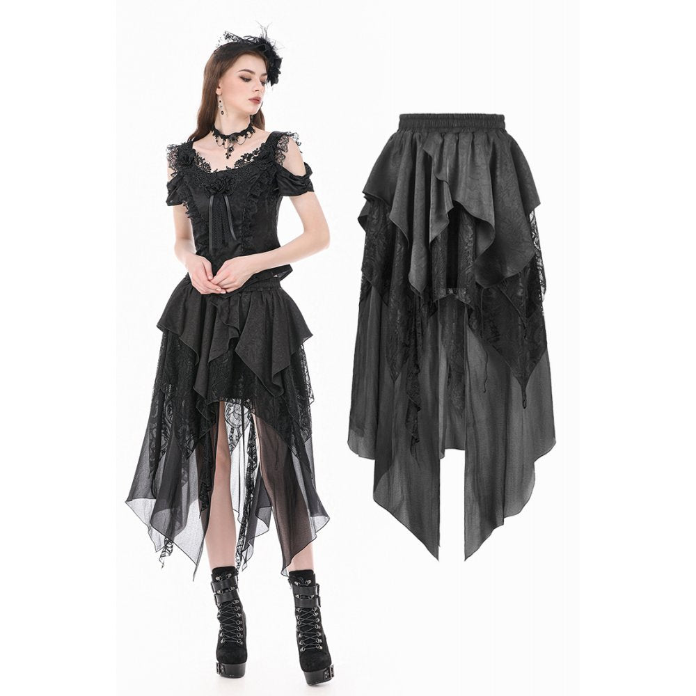 Gothic Ruffled High-Low Skirt with Jacquard Texture and Irregular Tiered Lace Mesh