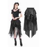 Gothic Ruffled High-Low Skirt with Jacquard Texture and Irregular Tiered Lace Mesh
