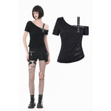 Punk Asymmetric Top with Studded Cross Straps and Sheer Mesh Insets