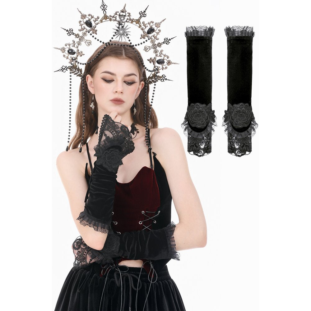 Gothic Romantic Vintage Velvet Arm Warmers with 3D Embroidered Roses