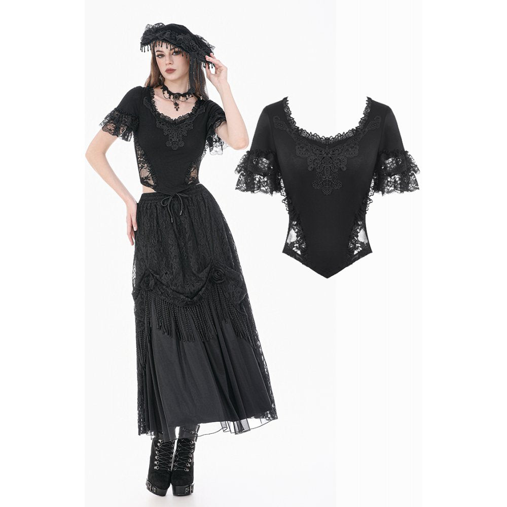 Gothic Dark Lace Embroidery Panel Fitted Top