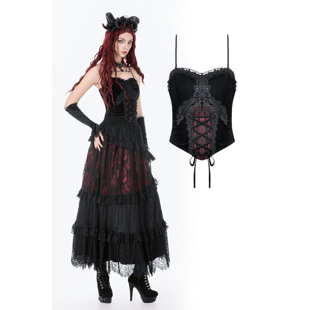 Gothic Black Red Velvet Lace Corset