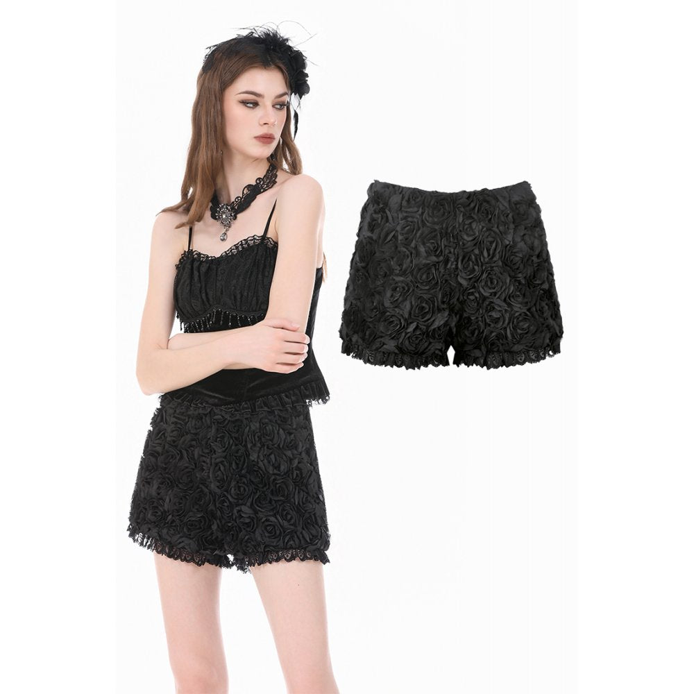 Dark Rose - Gothic 3D Floral Jacquard Lace-Trimmed Mini Shorts