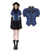 Blue black strip frilly collar blouse