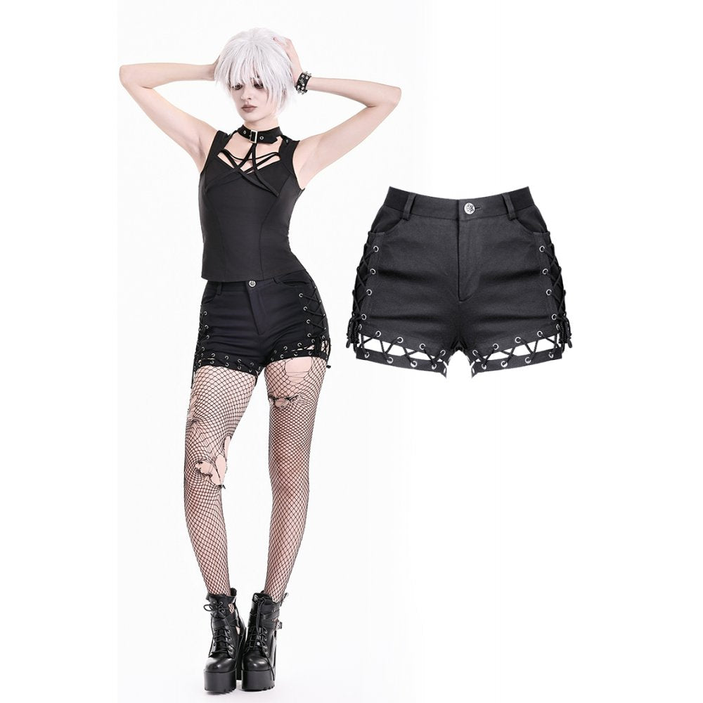 Gothic Punk Lace-Up Shorts with Eyelet Hem