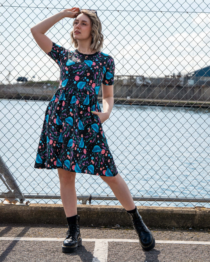 Rebel Romance Floral Jellyfish Short T-Shirt Smock Dress With pockets