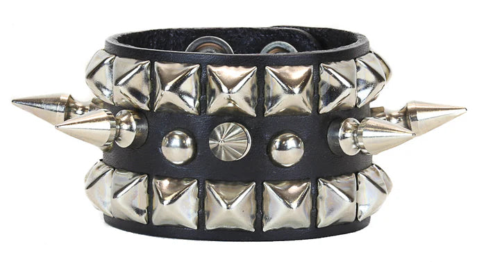 BC137 BRACELET WITH 1" SPIKE, ROUND STUD & 2 ROW PYRAMID