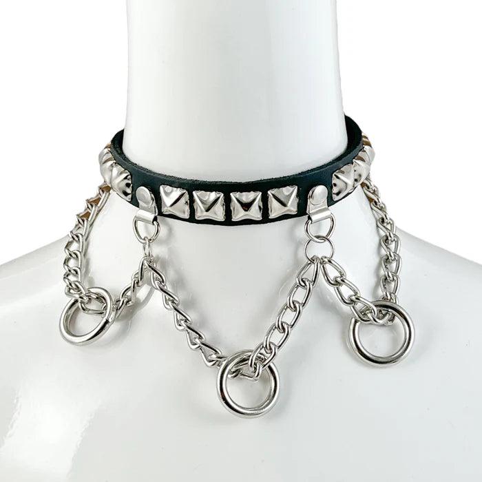 LEATHER STUDDED CHAIN 3/4" PATENT HANGING RING BONDAGE CHOKER