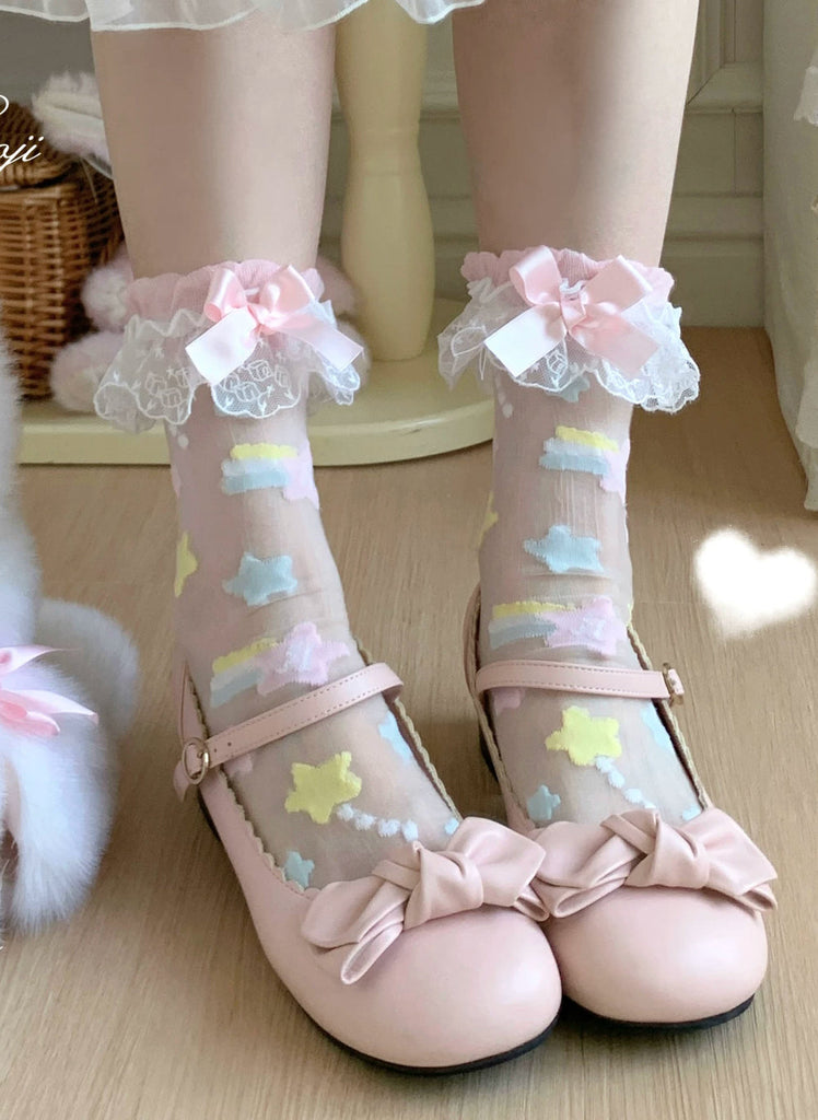 Sweet Lolita Star Embroidered Socks with Colorful Satin Bow