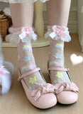 Sweet Lolita Star Embroidered Socks with Colorful Satin Bow