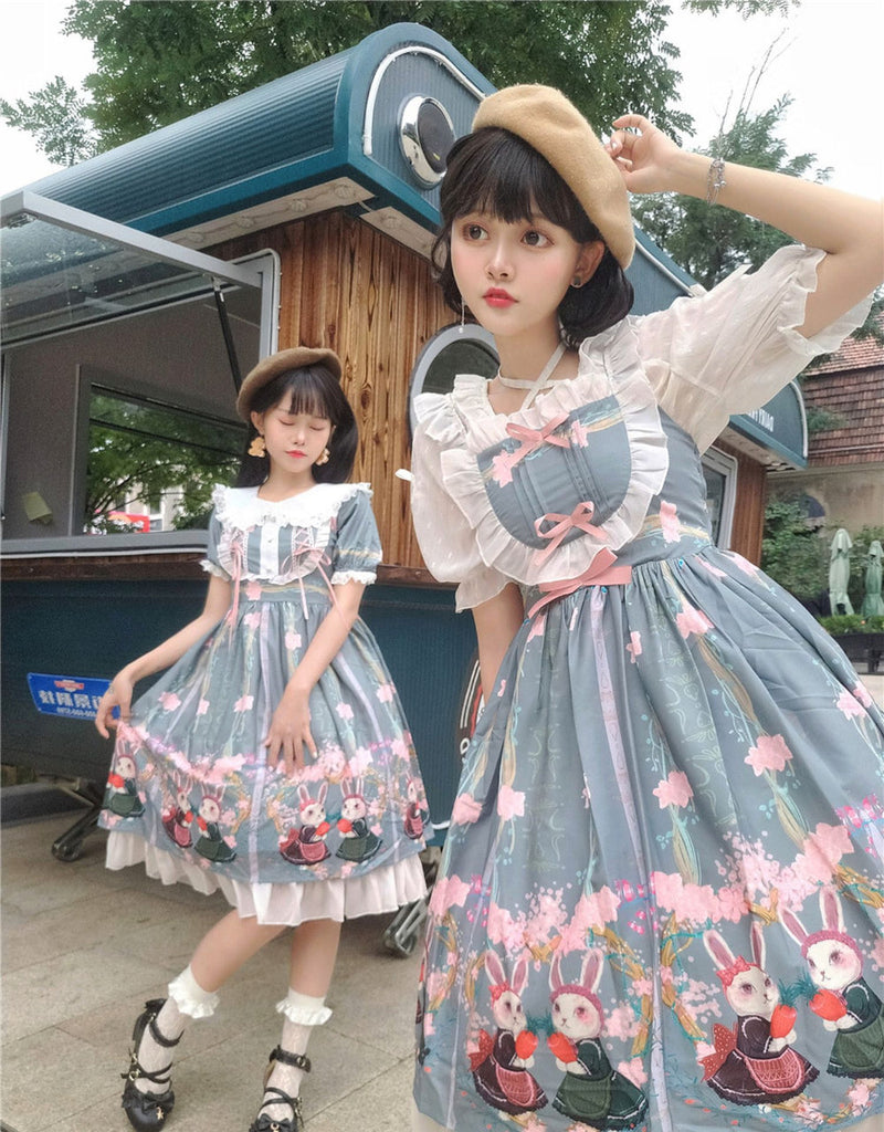 Picnic Bunny Girl -  Printed Lolita JSK, Short Sleeve OP Dress