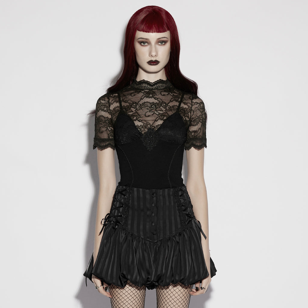 Gothic Skirt Corset Waist Lace-Up Pleated Hem Dark