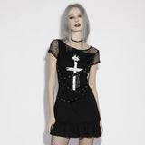 Edgy Mesh Sleeve Ruffle Hem Punk Dress Cross Design