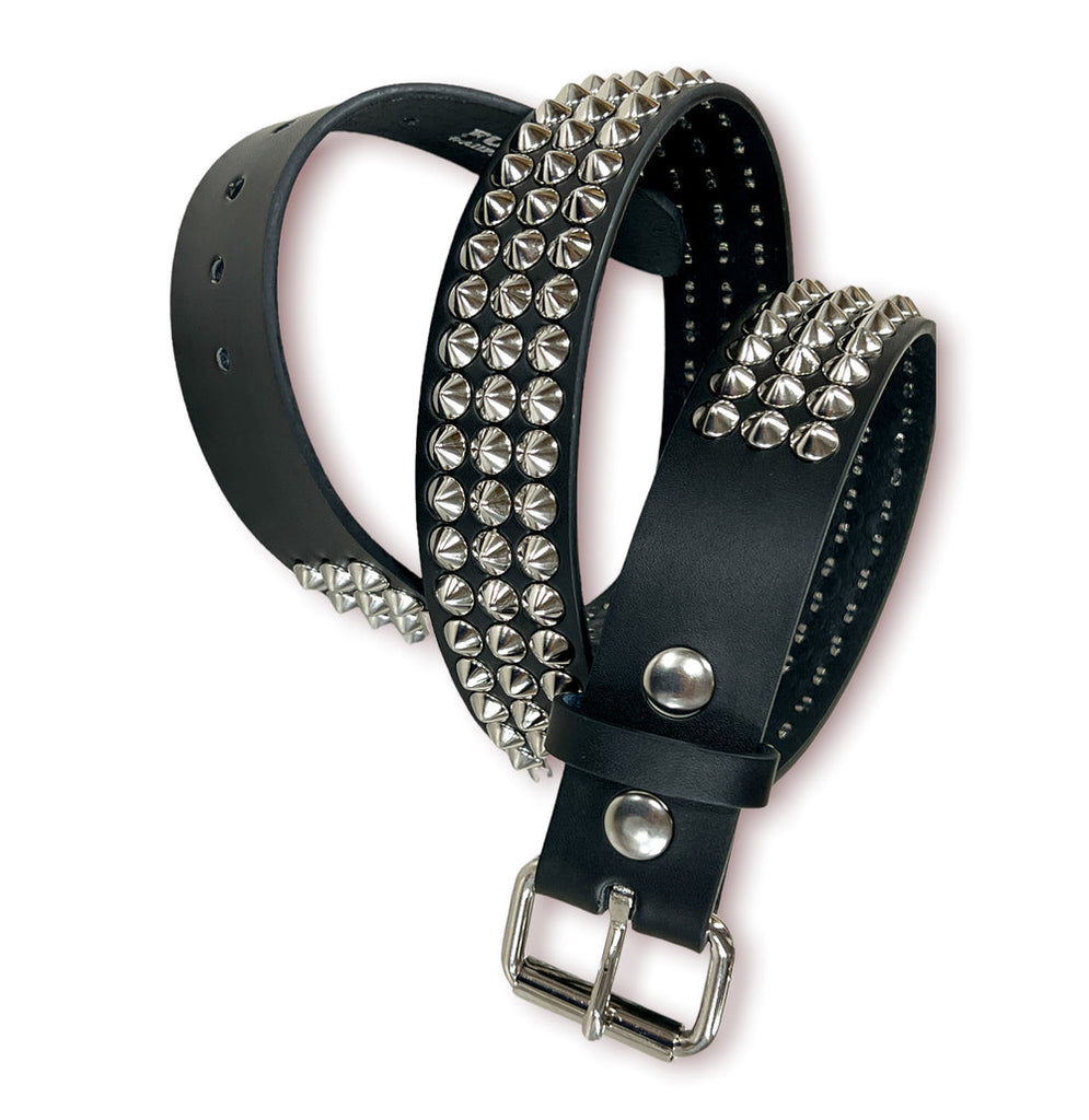 BLACK LEATHER BELT, 3 ROW CONICAL STUDS BT108