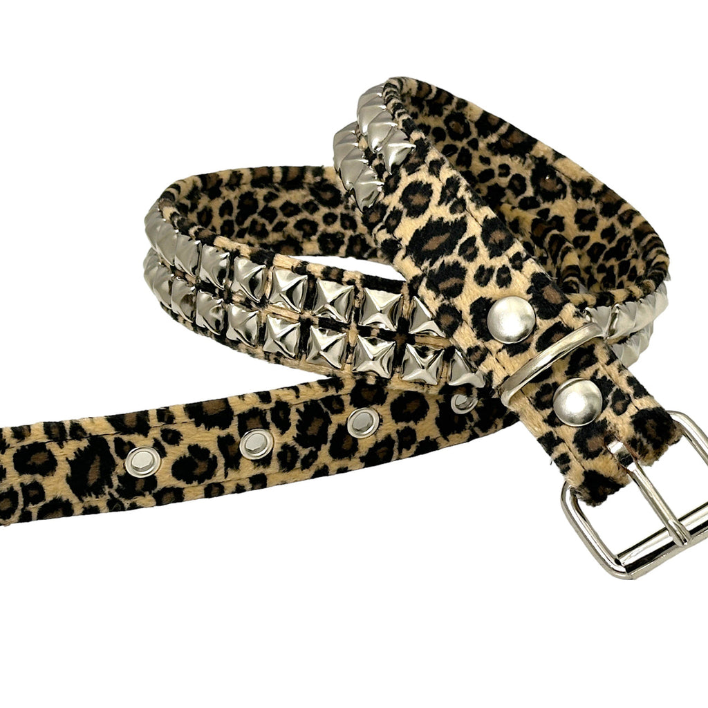 BT117L-BRN 2 ROW LEOPARD BROWN PYRAMID STUDDED BELT