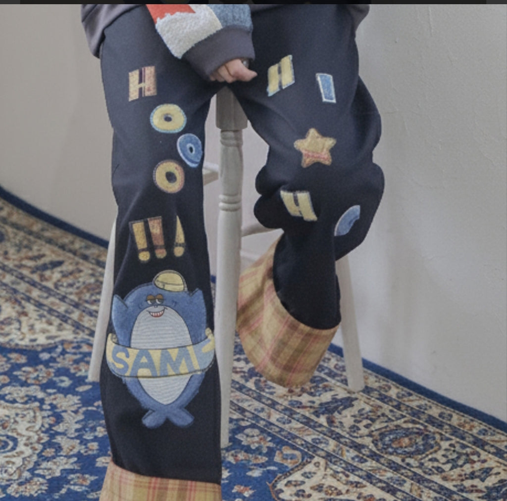 Boyish shark embroidered checkered pants
