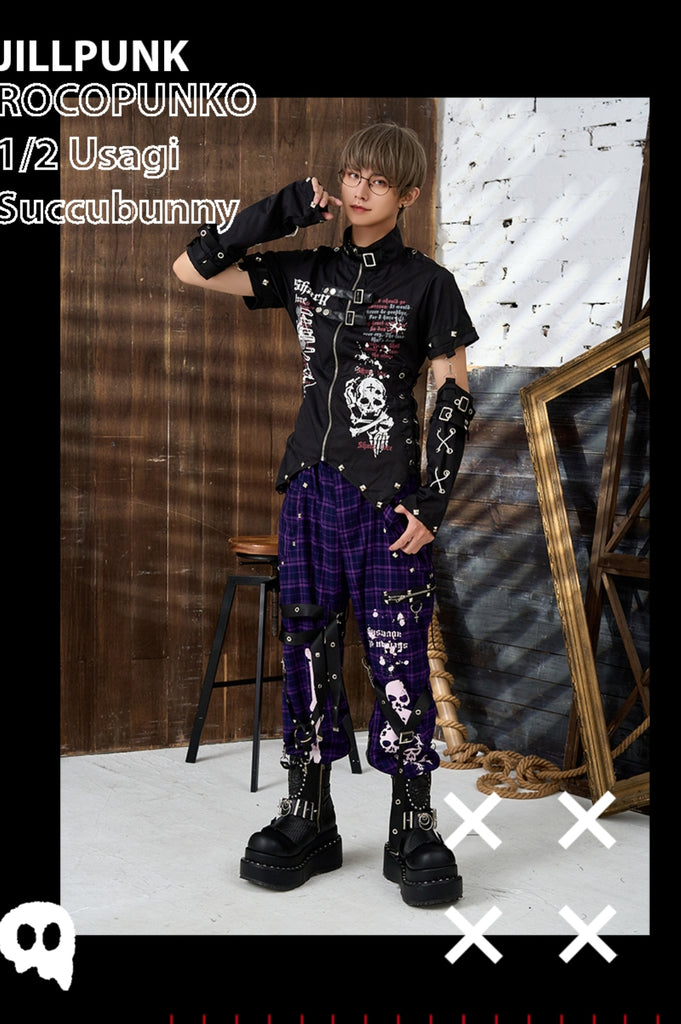 Forbidden Bones ☠ Silver Chain Rivet Zipper Design Scottish Plaid Unisex Straight Leg Trousers