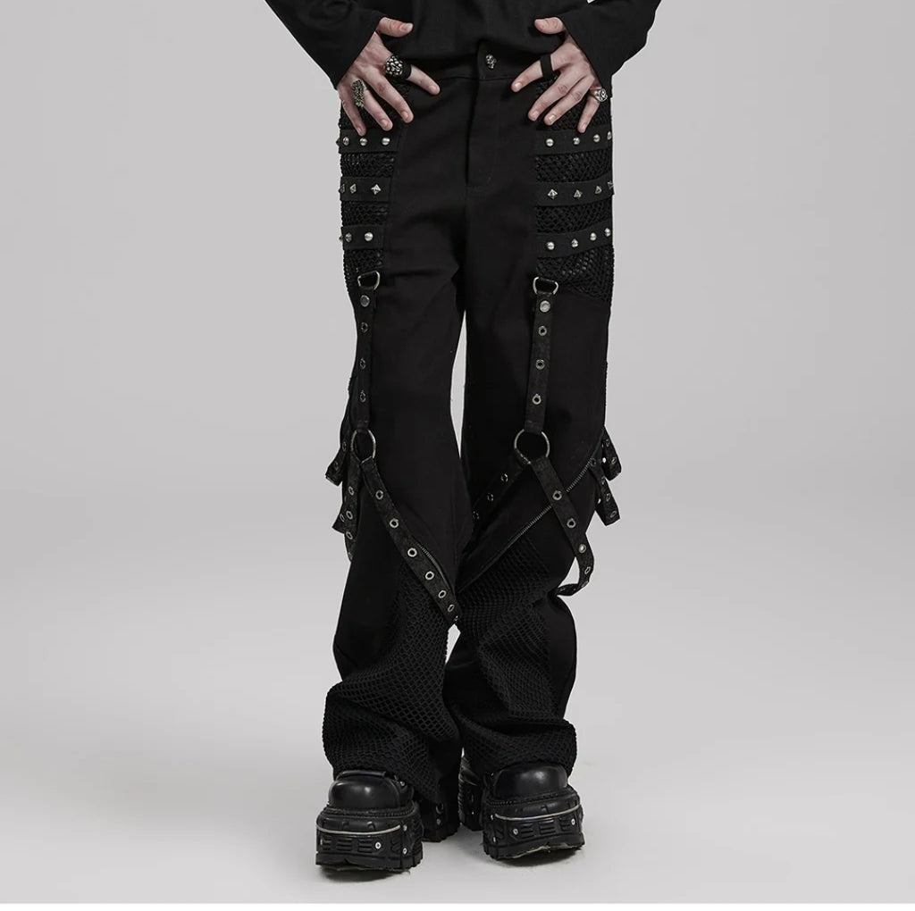 Gothic Punk Pants with Red Strap Rivet Detailing
