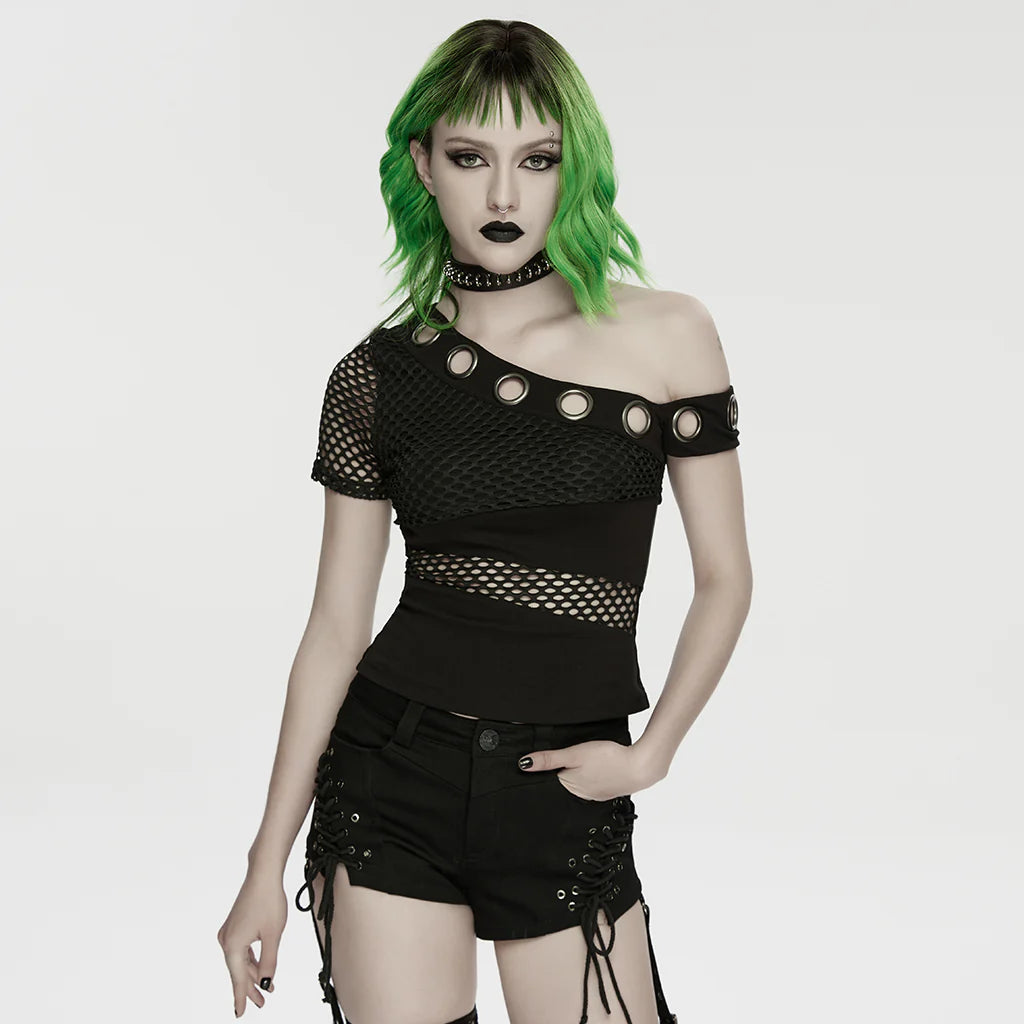 Edgy Asymmetrical Fishnet Punk Shirt Grommet Detail Black Top
