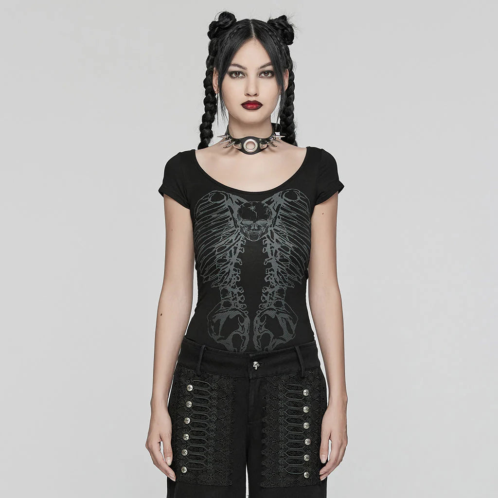Skeleton Cutout Back Iron Chain Punk T-Shirt