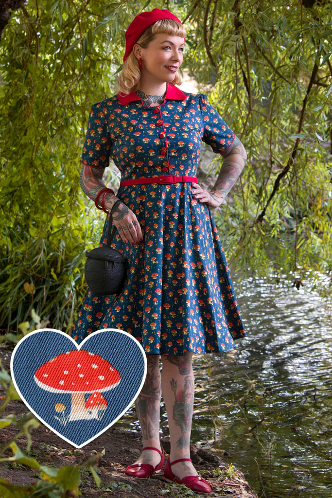 Penelope Rockabilly Navy Blue Mushroom Shirt Dress