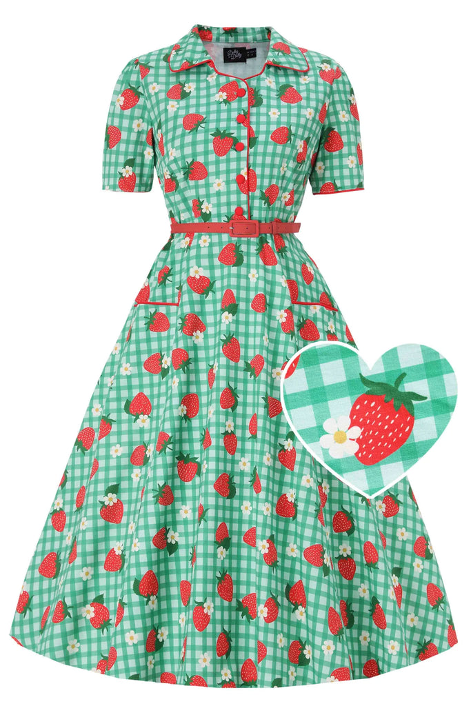 Penelope II Green Strawberry Gingham Midi Shirt Dress