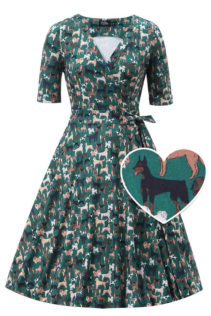 Matilda Green Knit Vintage-Inspired Dog Print Wrap Dress