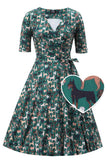Matilda Green Knit Vintage-Inspired Dog Print Wrap Dress