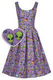 Amanda Scoop Neck Swing Dress in Purple UFO & Alien Print