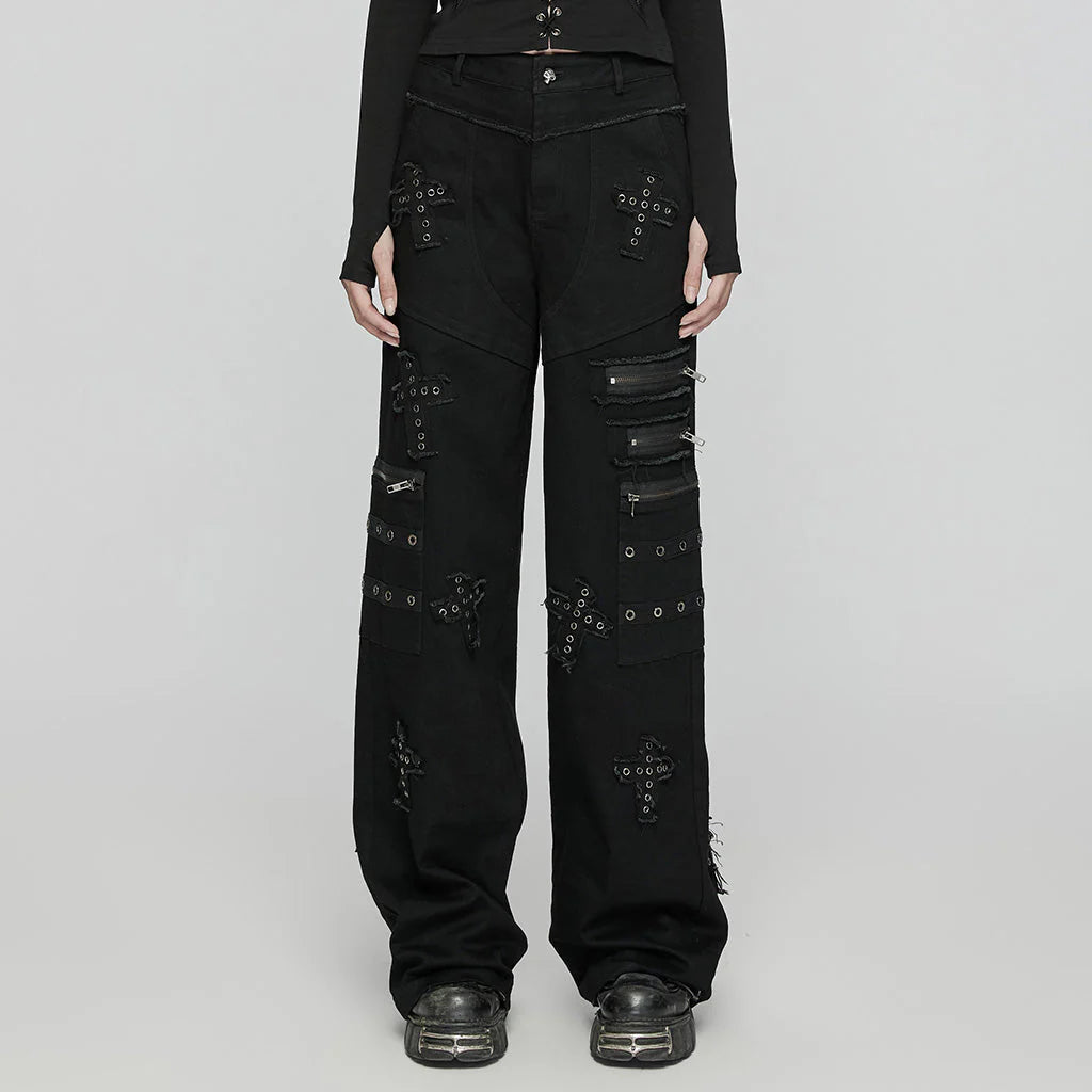 Gothic Punk Pants Cross Patch Straight black Aesthetic Design