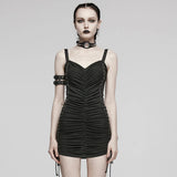 Edgy black Ruched Mini Dress with Strap Details