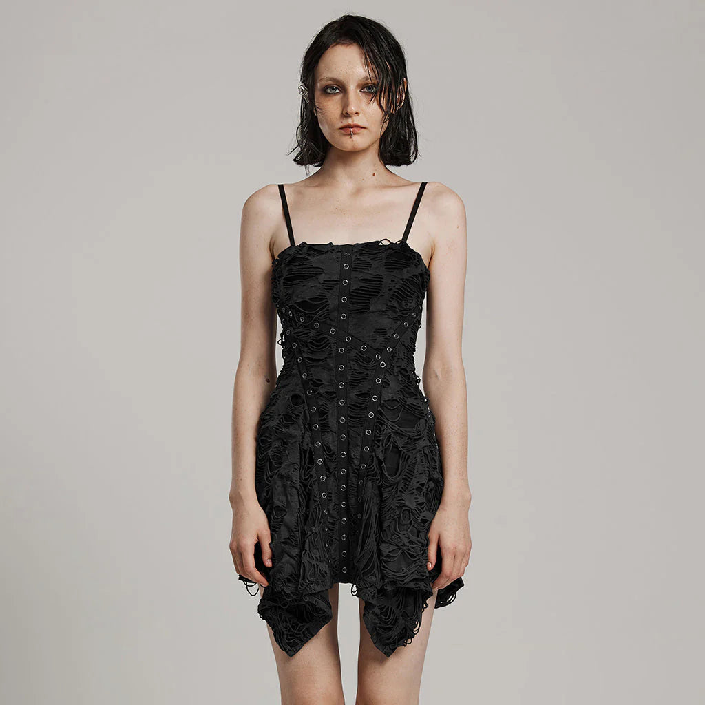 black Ruched Asymmetrical Punk Dress with Eyelet Details