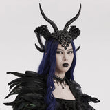 Gothic Demon Horn Headdress with Floral and Gemstone Detailing