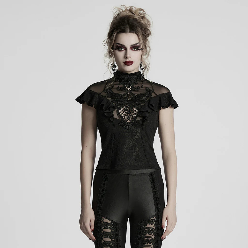Gothic Shirts Lace Mesh Ruffled High Neck Top