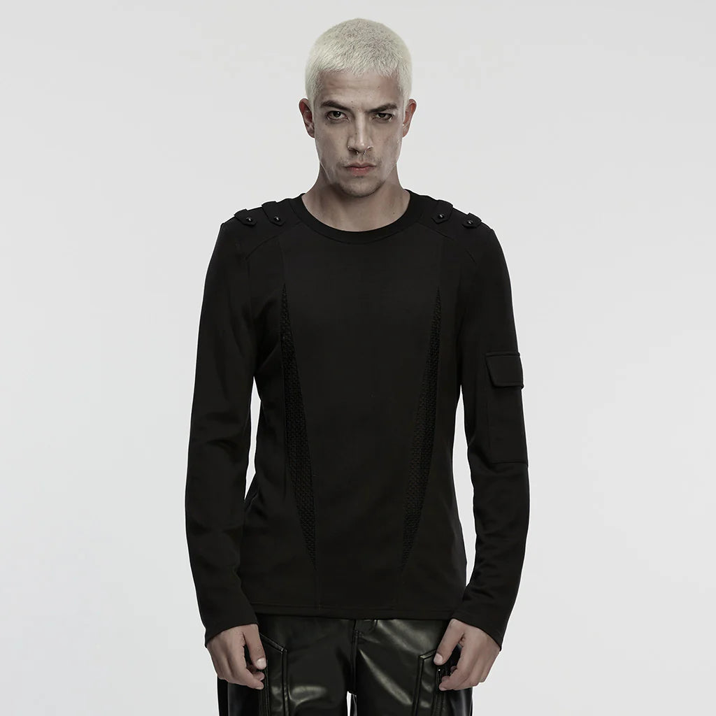 Edgy Black Long-Sleeve Punk T-Shirts with Shoulder Detail