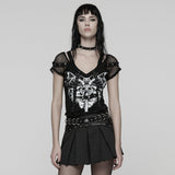 Gothic Mesh Sleeve Punk T-Shirts with Skull Graphics