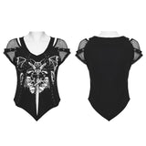Gothic Mesh Sleeve Punk T-Shirts with Skull Graphics