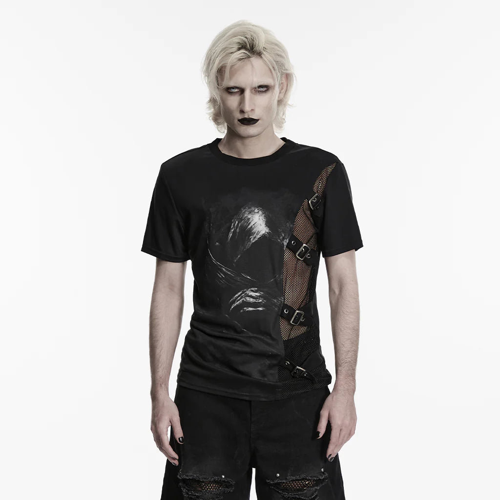 Punk Asymmetric Buckle-up Straps Printed Shirt