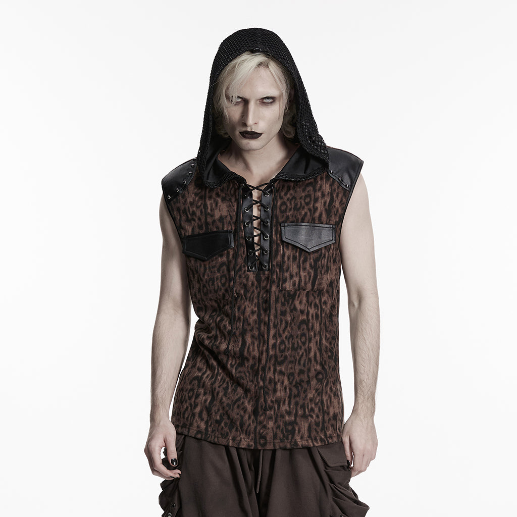 Gothic Leopard Punk Vest with Hood Studded Leather Accents