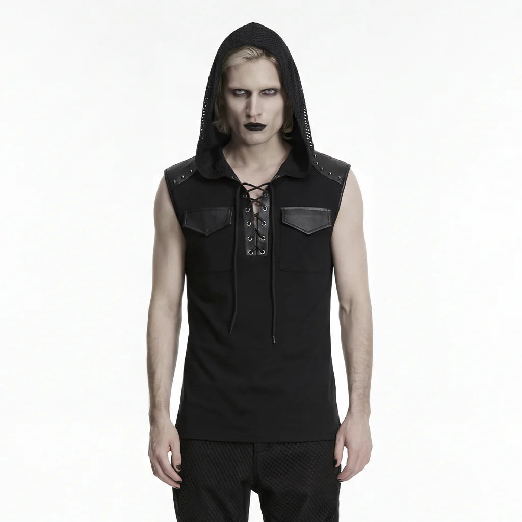 Punk Lace-up Patchwork Hooded Tank Top Black