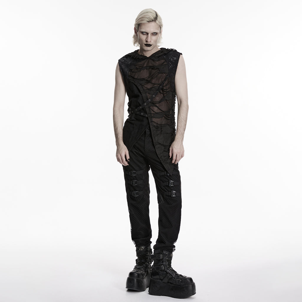 Shredded Mesh Hooded Gothic Punk Vests with Lace Up Detailing