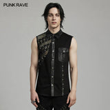 Asymmetric Mesh Punk Sleeveless Shirt with Rivet Detail