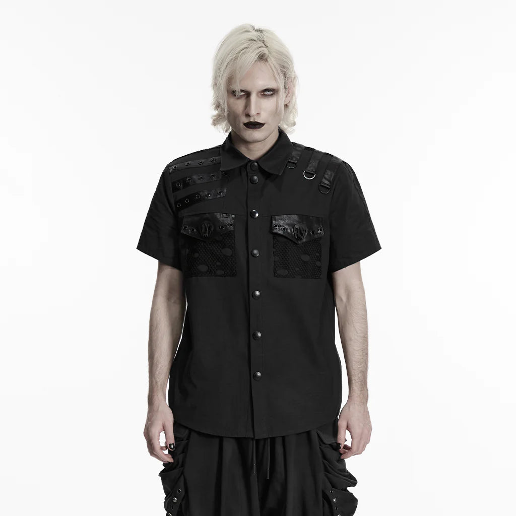 Men's Punk Eyelet D-ring Short Sleeved Shirt Black