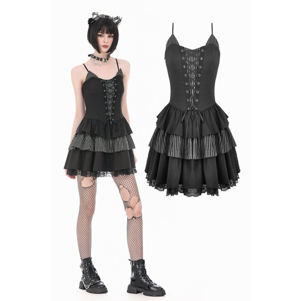 Midnight Stripe - Gothic Punk Tiered Dress with Contrast Stripes and Ruffled Hem