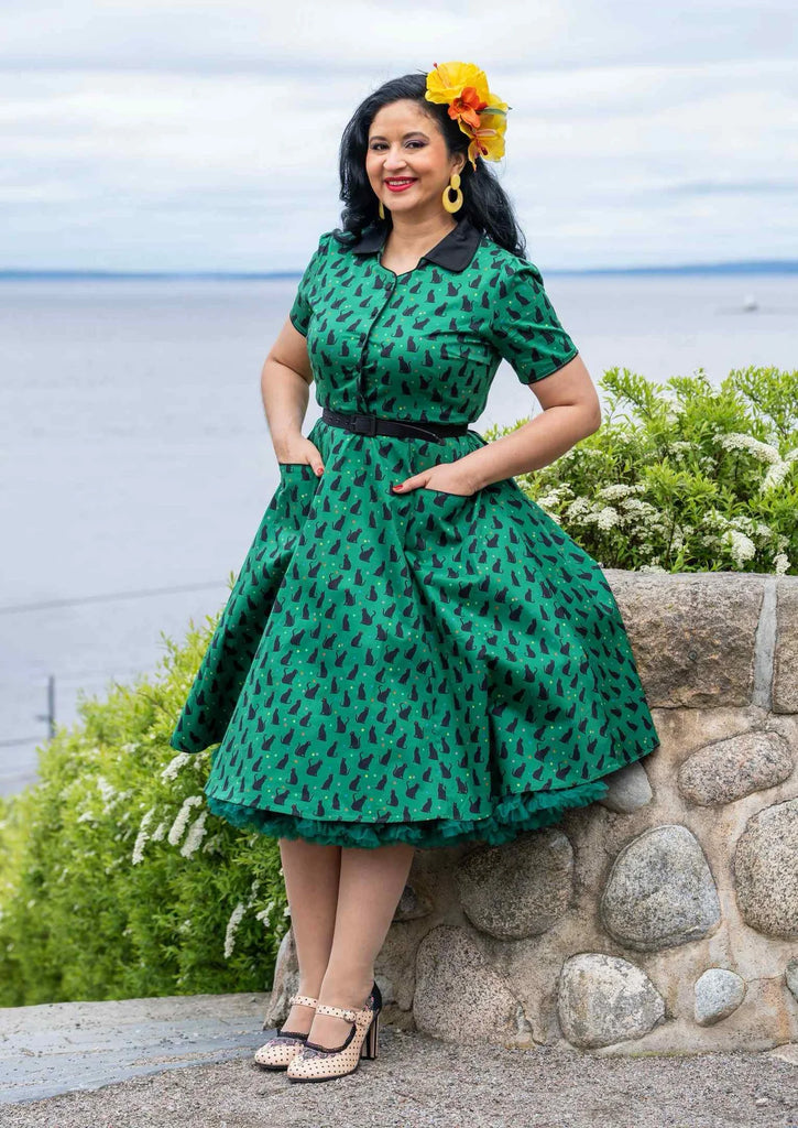 Penelope II Green Rockabilly Black Cat Print Shirt Dress