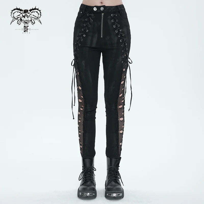 punk ripped mesh lace up trousers